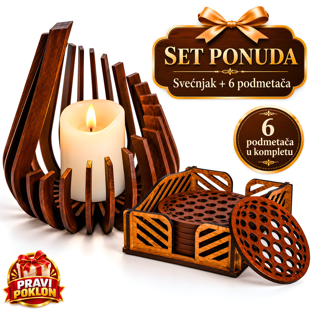 Drveni Svećnjak + 6 Podmetača (Set)